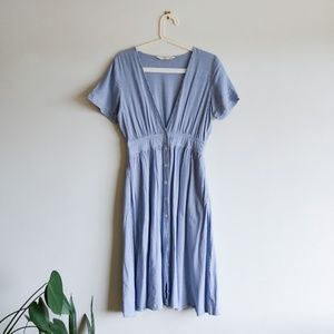 Blue Pinstriped Deep V Midi Dress